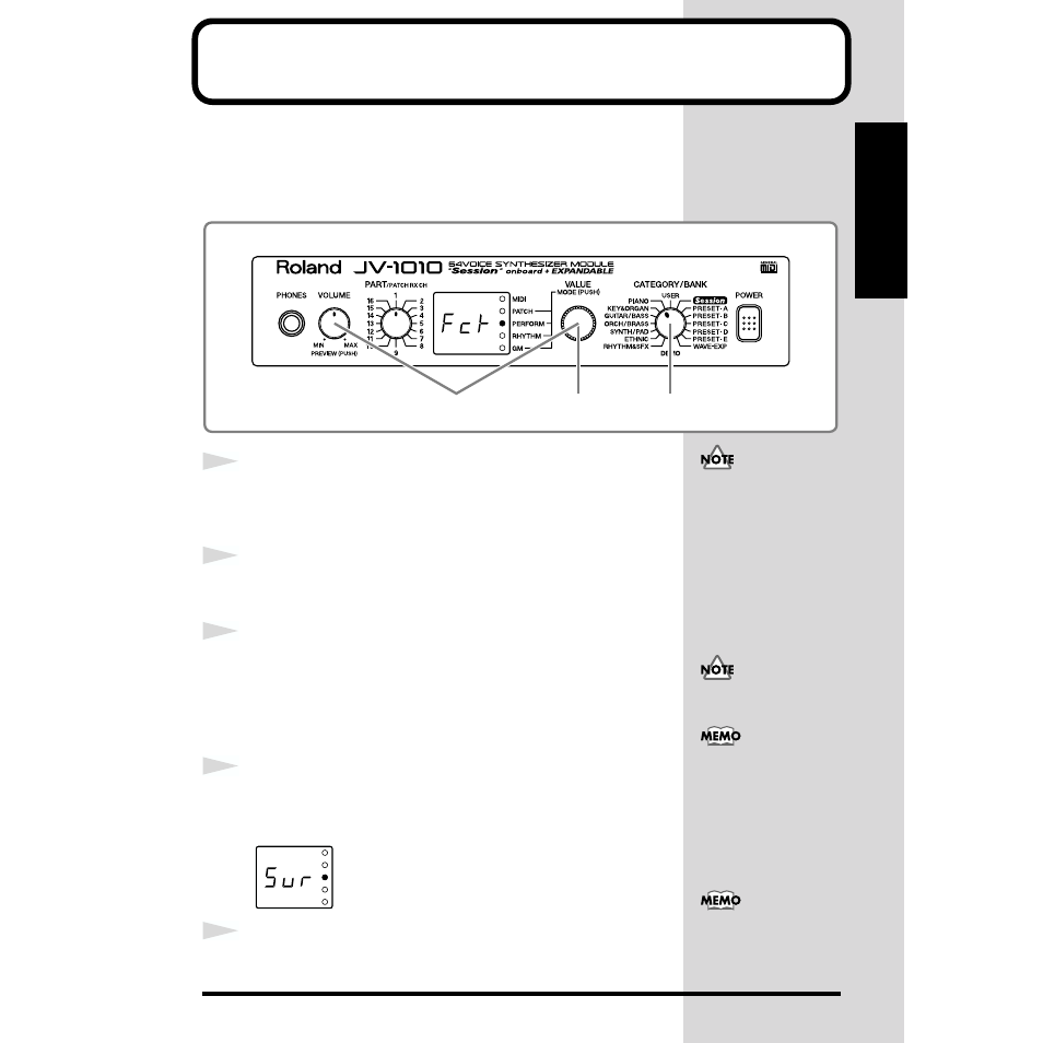 Reset to default factory settings (factory reset) | Roland JV-1010 User Manual | Page 21 / 96