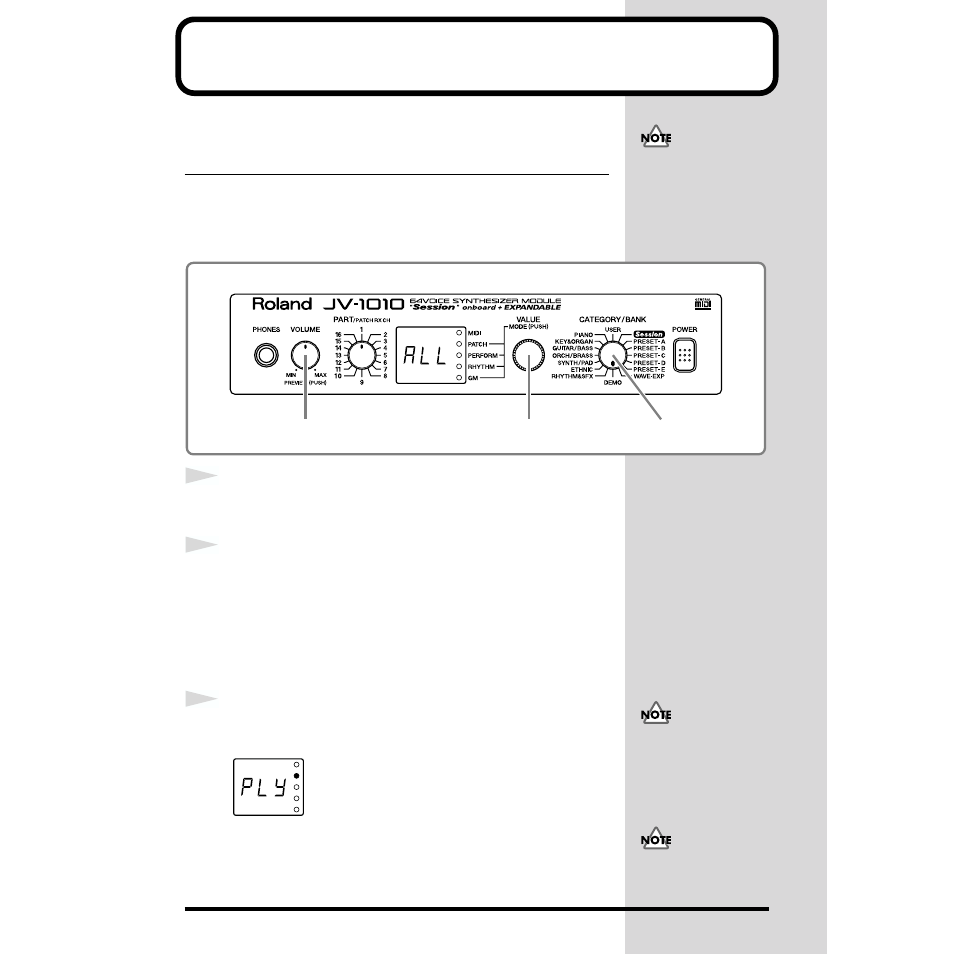 Listening to demo songs (demo play) | Roland JV-1010 User Manual | Page 22 / 96