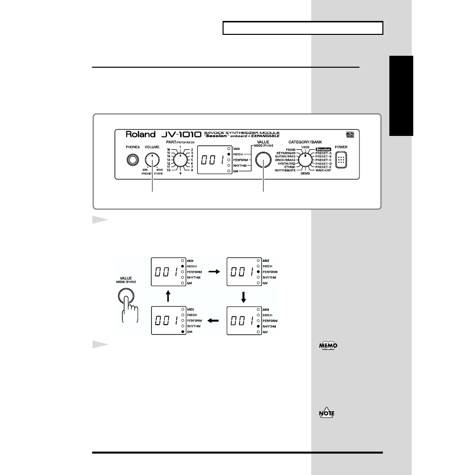 Auditioning patches (phrase preview) | Roland JV-1010 User Manual | Page 25 / 96