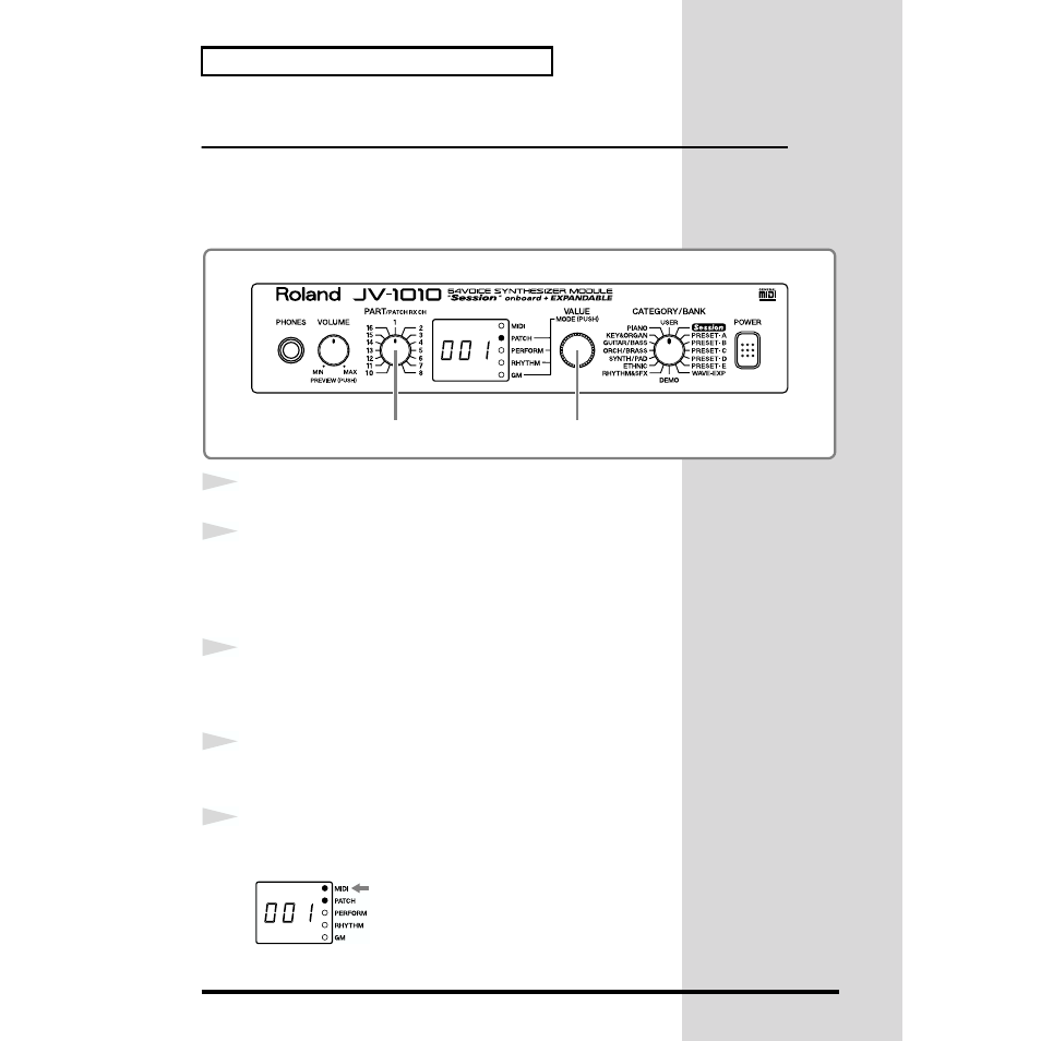 Playing notes from a midi keyboard | Roland JV-1010 User Manual | Page 26 / 96