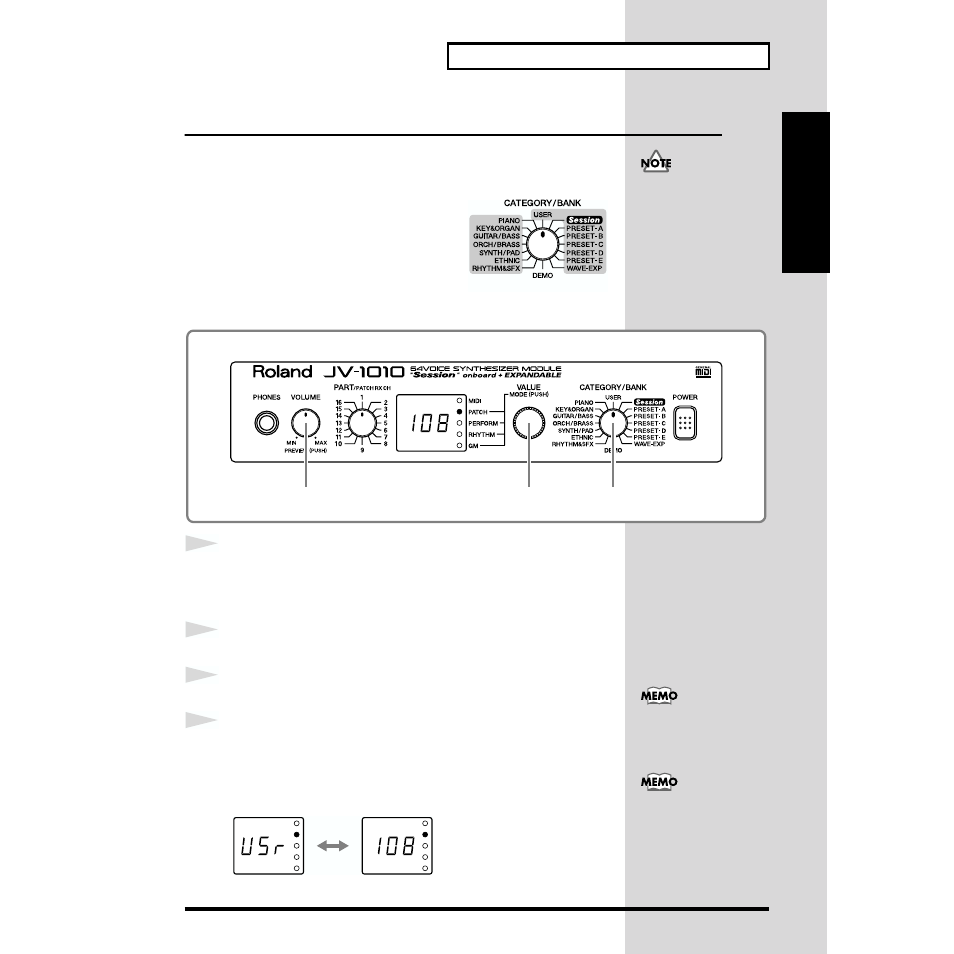 Choosing patches, Choosing patches by bank | Roland JV-1010 User Manual | Page 27 / 96