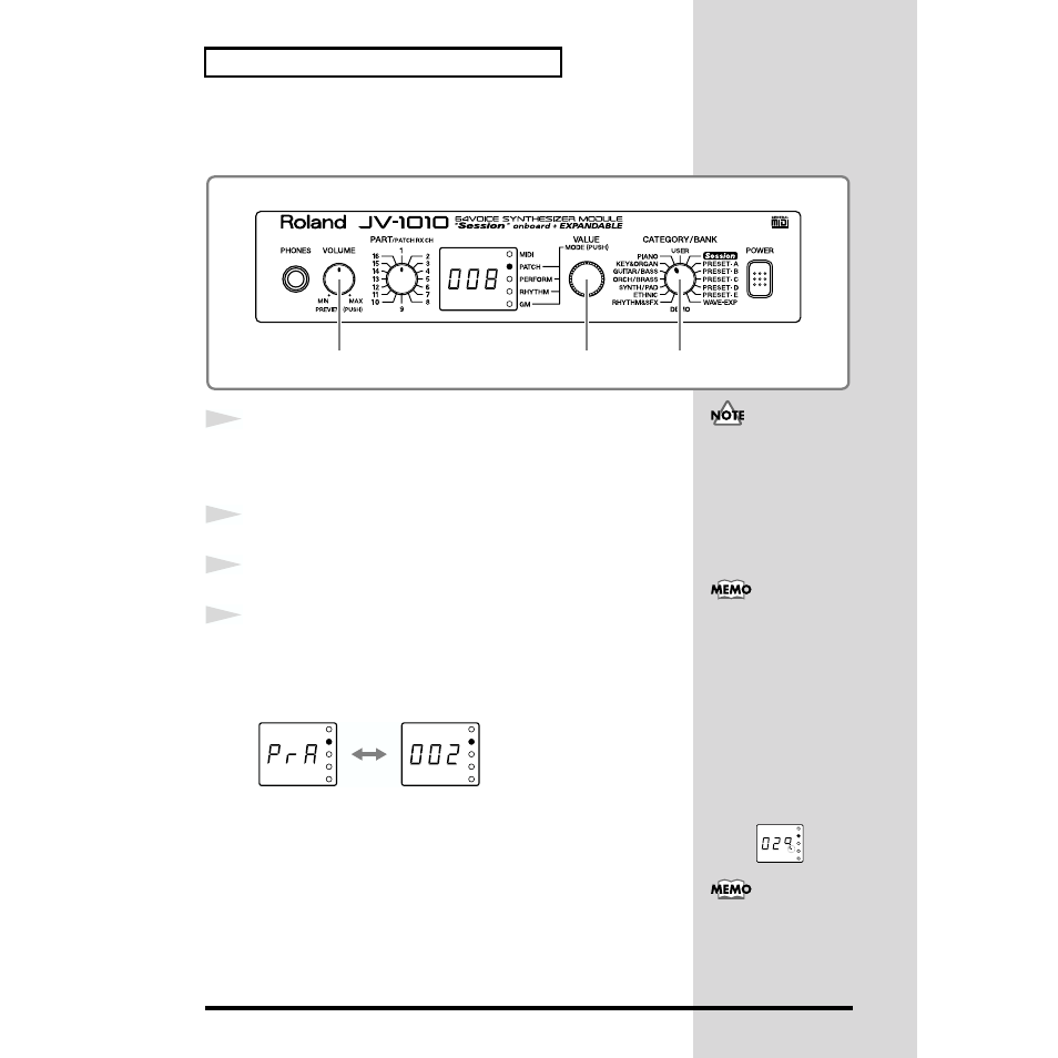 Choosing patches by category | Roland JV-1010 User Manual | Page 28 / 96