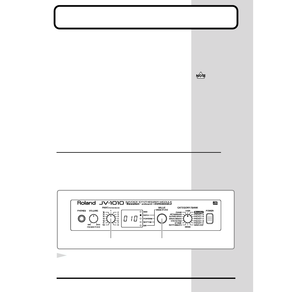 Changing sounds from an external midi device, Changing patches | Roland JV-1010 User Manual | Page 32 / 96