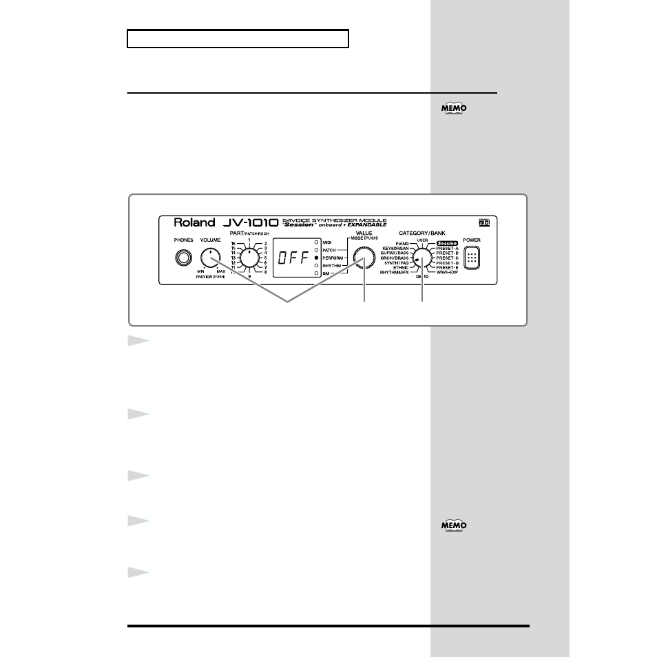 Changing a performance | Roland JV-1010 User Manual | Page 34 / 96