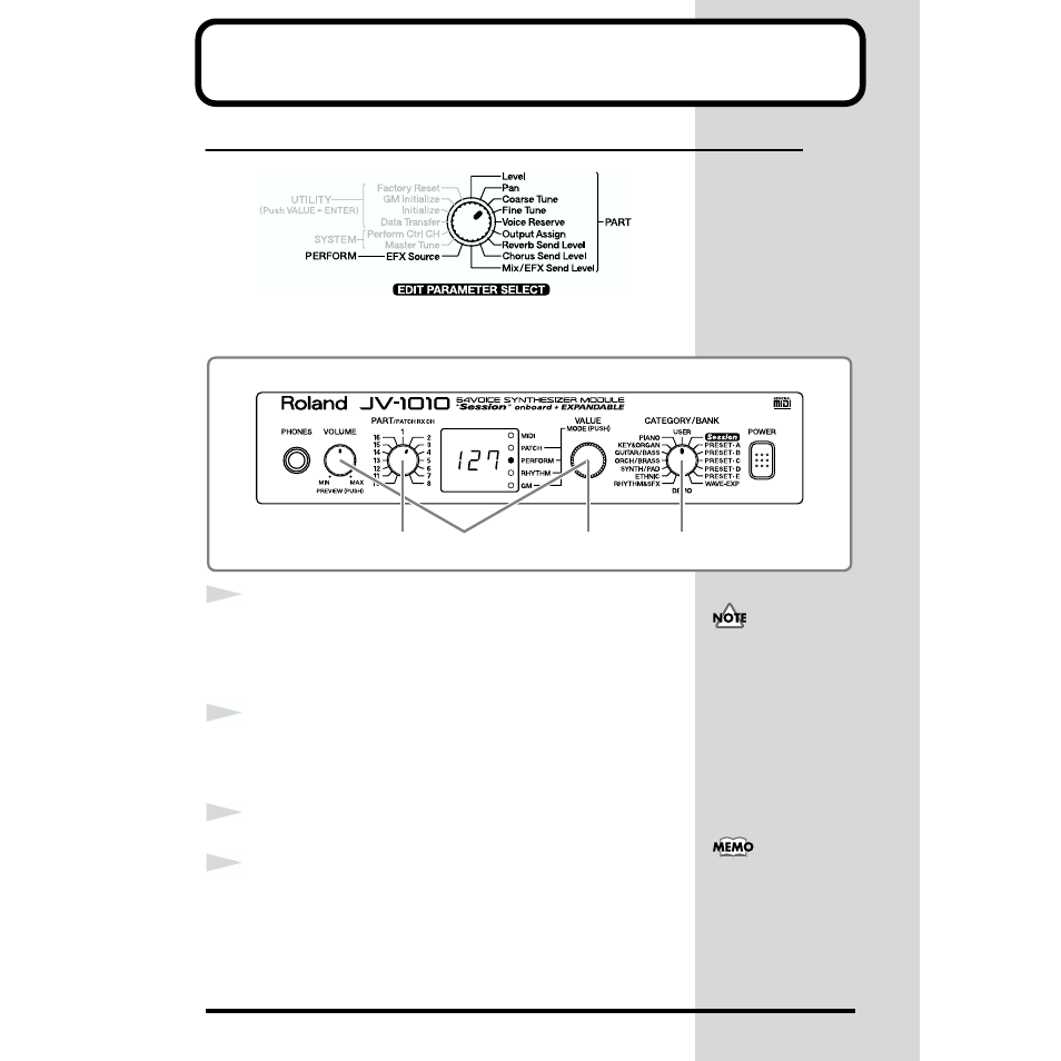 Editing using only the jv-1010, Making part settings (part) | Roland JV-1010 User Manual | Page 44 / 96