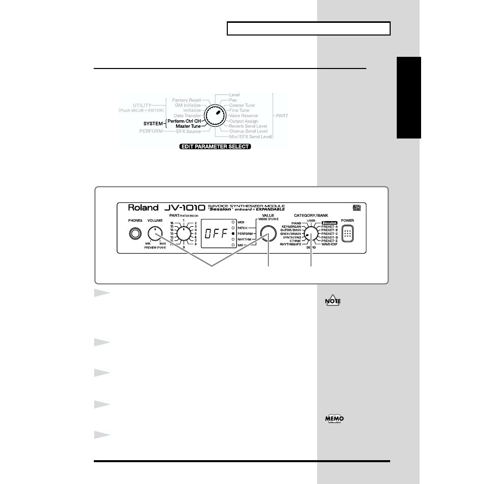 Making system settings (system), Selecting the receive channel (perform ctrl ch), P. 49) | Roland JV-1010 User Manual | Page 49 / 96