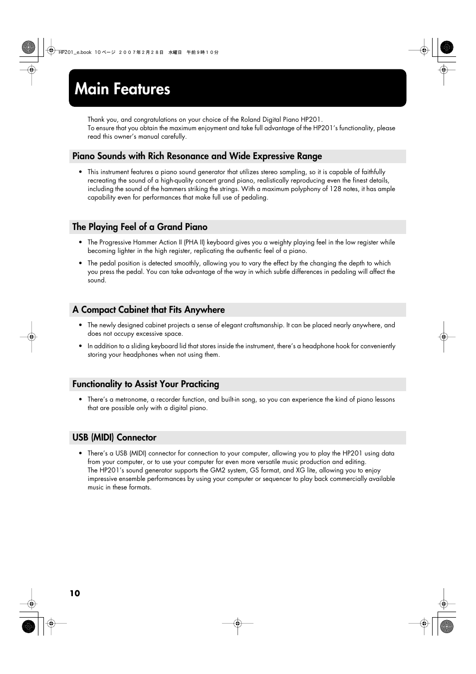 Main features | Roland HP-201 User Manual | Page 10 / 52