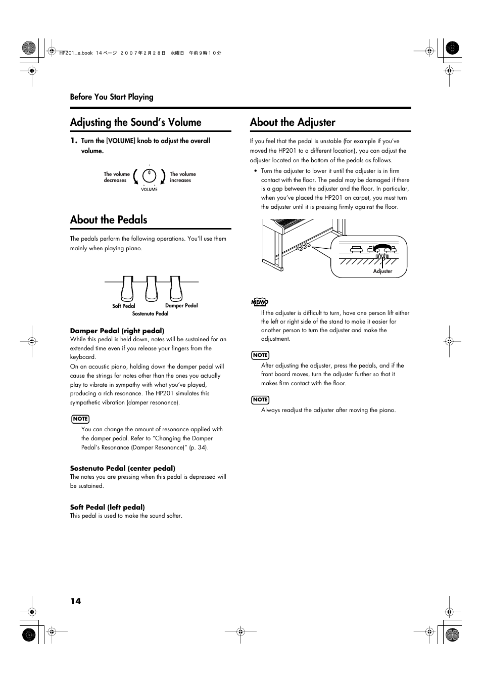 Adjusting the sound’s volume, About the pedals, About the adjuster | Adjusts the overall volume level (p. 14) | Roland HP-201 User Manual | Page 14 / 52