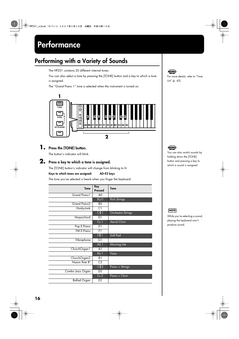Performance, Performing with a variety of sounds | Roland HP-201 User Manual | Page 16 / 52