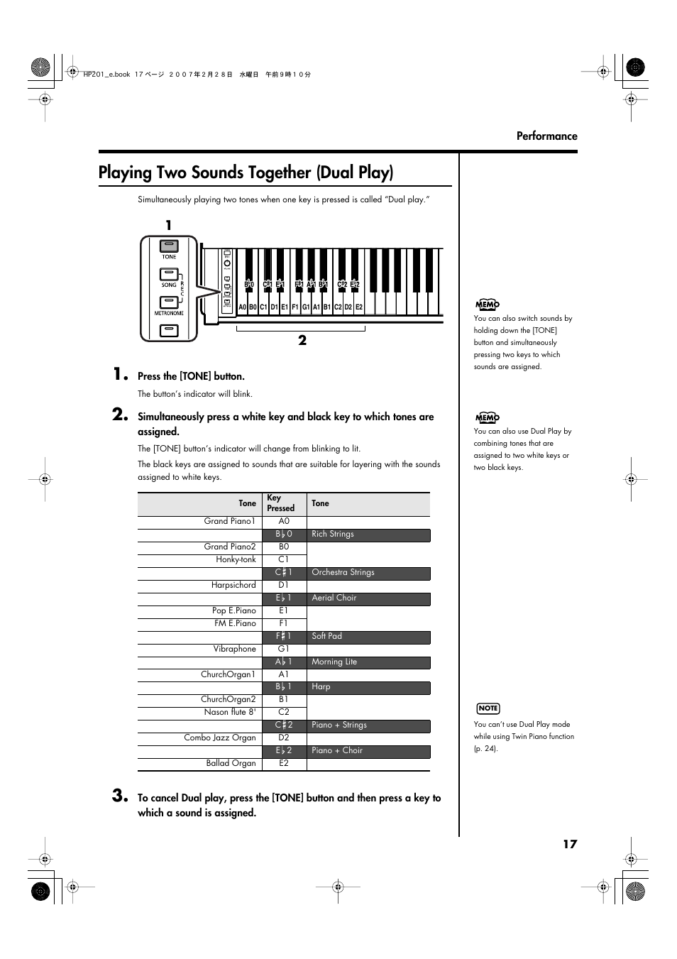 Playing two sounds together (dual play) | Roland HP-201 User Manual | Page 17 / 52