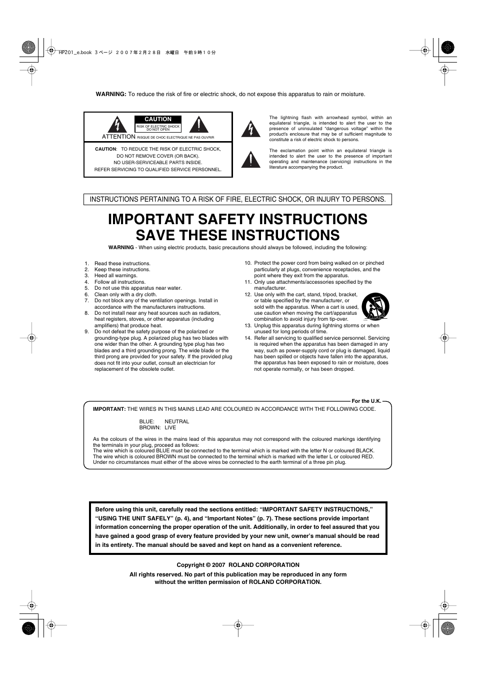 Important safety instructions | Roland HP-201 User Manual | Page 3 / 52