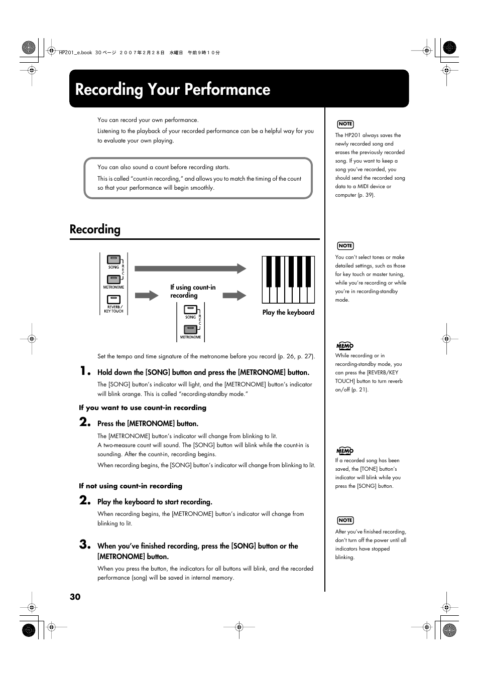 Recording your performance, Recording, Standby mode (p. 30) | Roland HP-201 User Manual | Page 30 / 52
