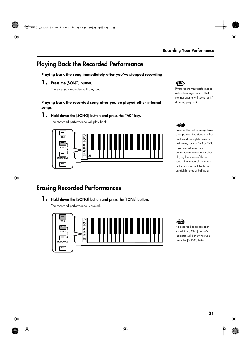 Playing back the recorded performance, Erasing recorded performances, Erasing recorded performances 1 | Roland HP-201 User Manual | Page 31 / 52