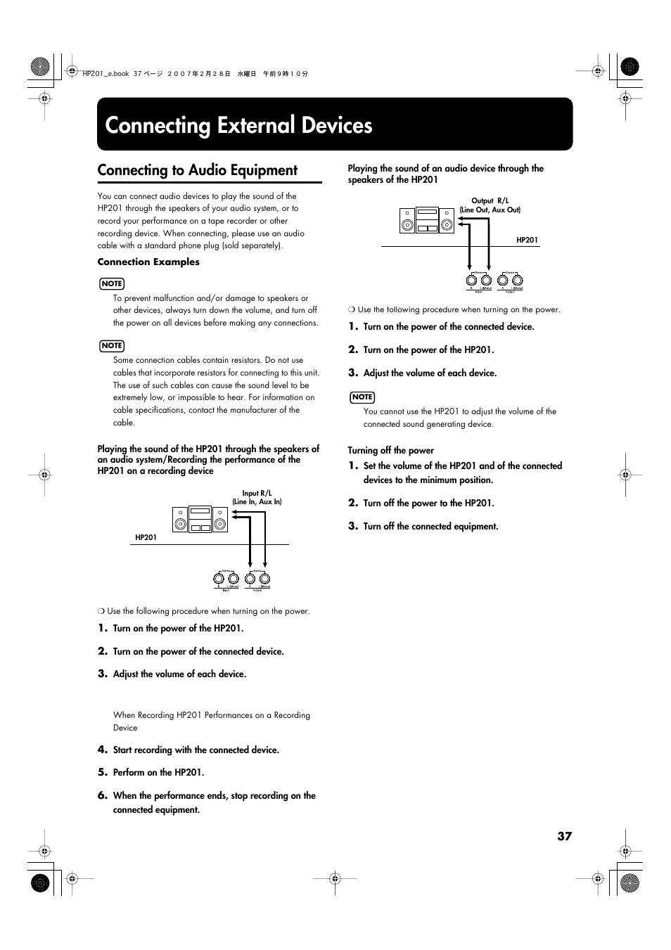 Connecting external devices, Connecting to audio equipment, P. 37) | Roland HP-201 User Manual | Page 37 / 52
