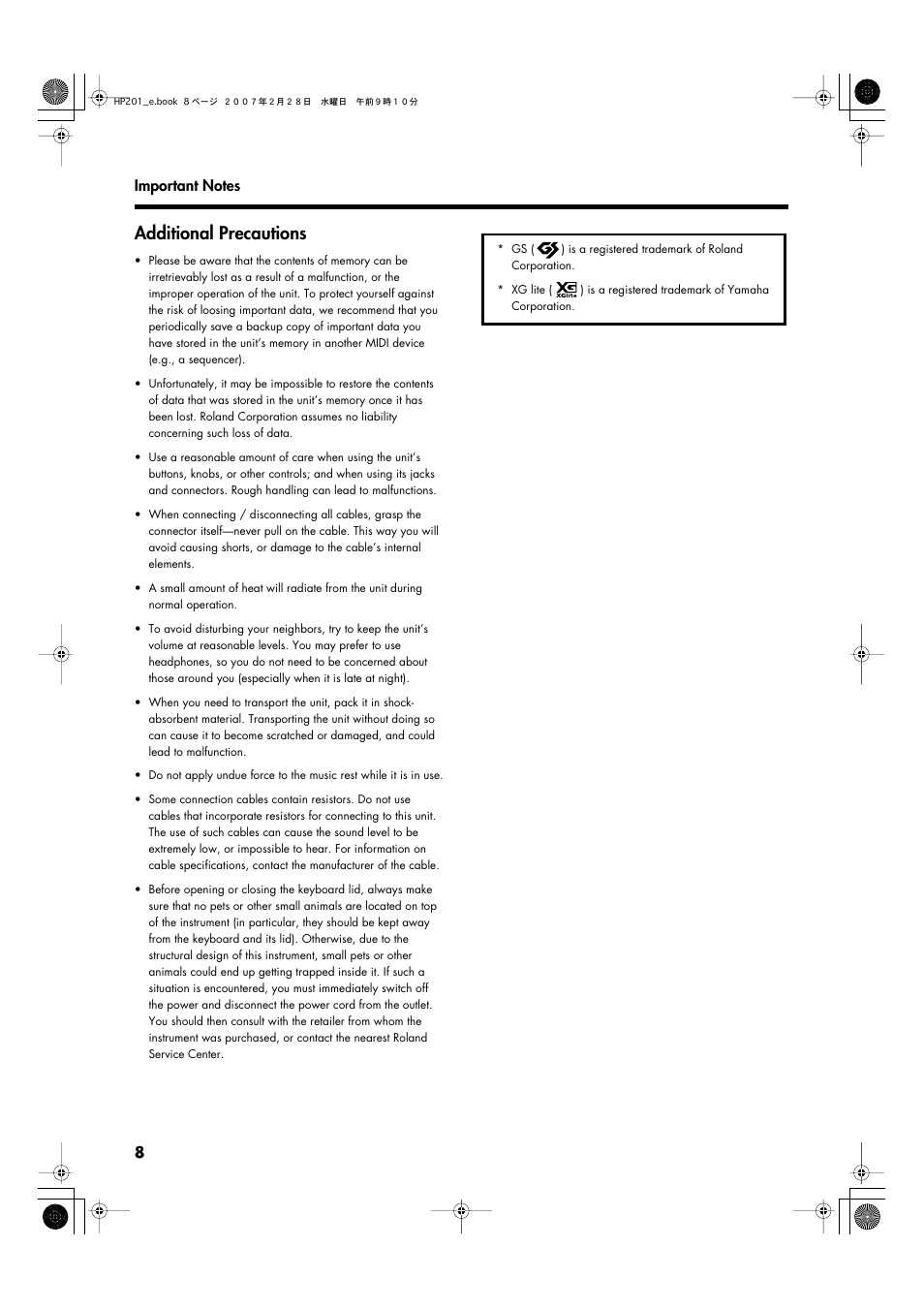 Additional precautions | Roland HP-201 User Manual | Page 8 / 52