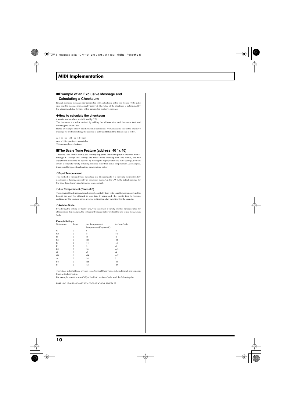 10 midi implementation | Roland Midi Implimentation GW-8 User Manual | Page 10 / 10