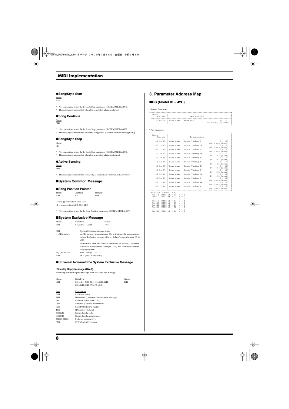 Parameter address map, 8 midi implementation, System common message | System exclusive message, Gs (model id = 42h) | Roland Midi Implimentation GW-8 User Manual | Page 8 / 10
