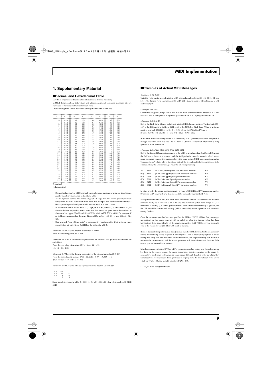 Supplementary material, 9 midi implementation 4. supplementary material, Decimal and hexadecimal table | Examples of actual midi messages | Roland Midi Implimentation GW-8 User Manual | Page 9 / 10