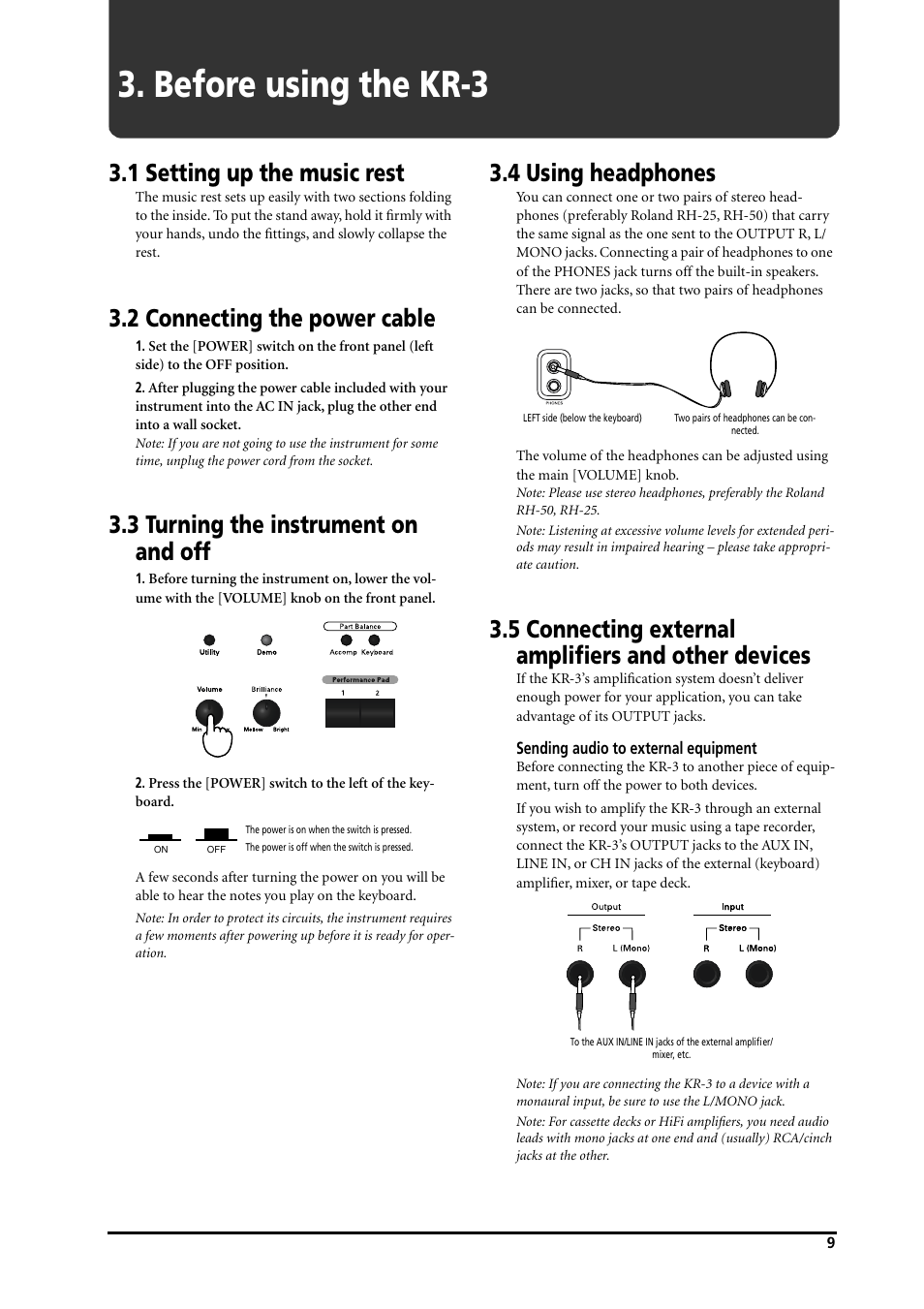 Before using the kr-3, 1 setting up the music rest, 2 connecting the power cable | 3 turning the instrument on and off, 4 using headphones, 5 connecting external amplifiers and other devices | Roland KR-3 User Manual | Page 10 / 64