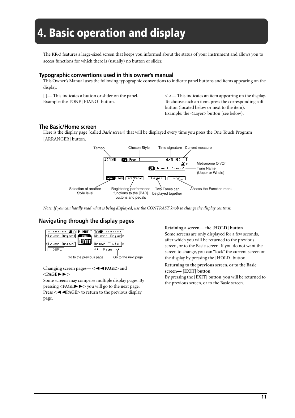 Basic operation and display, The basic/home screen, Navigating through the display pages | Roland KR-3 User Manual | Page 12 / 64