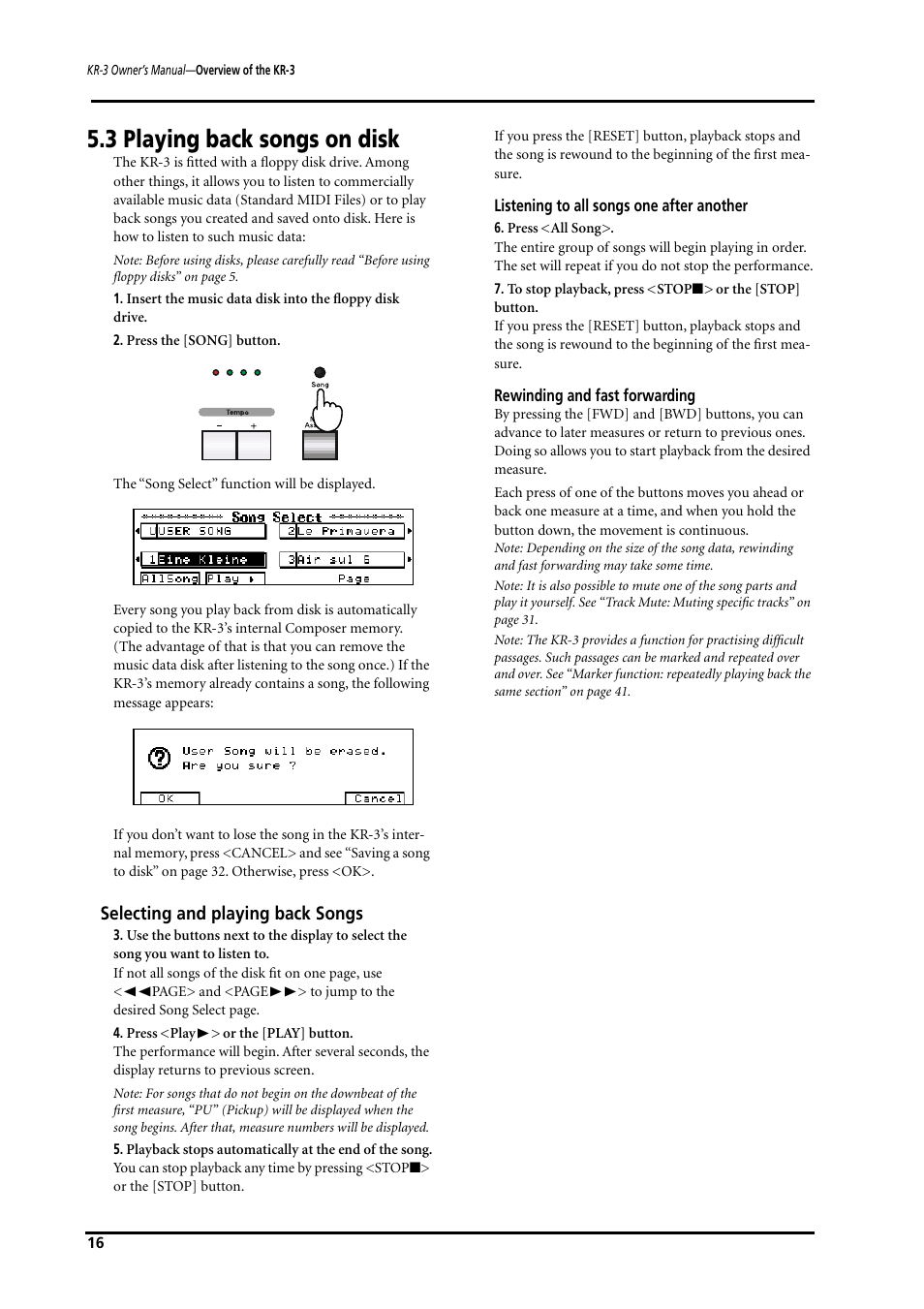 3 playing back songs on disk, Selecting and playing back songs | Roland KR-3 User Manual | Page 17 / 64