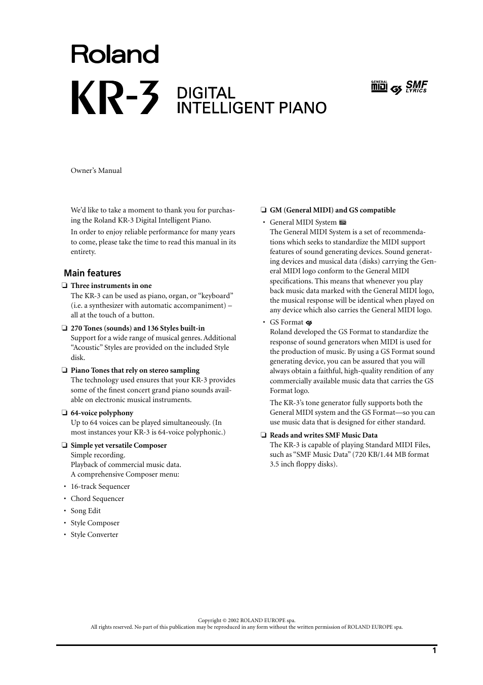 Roland KR-3 User Manual | Page 2 / 64