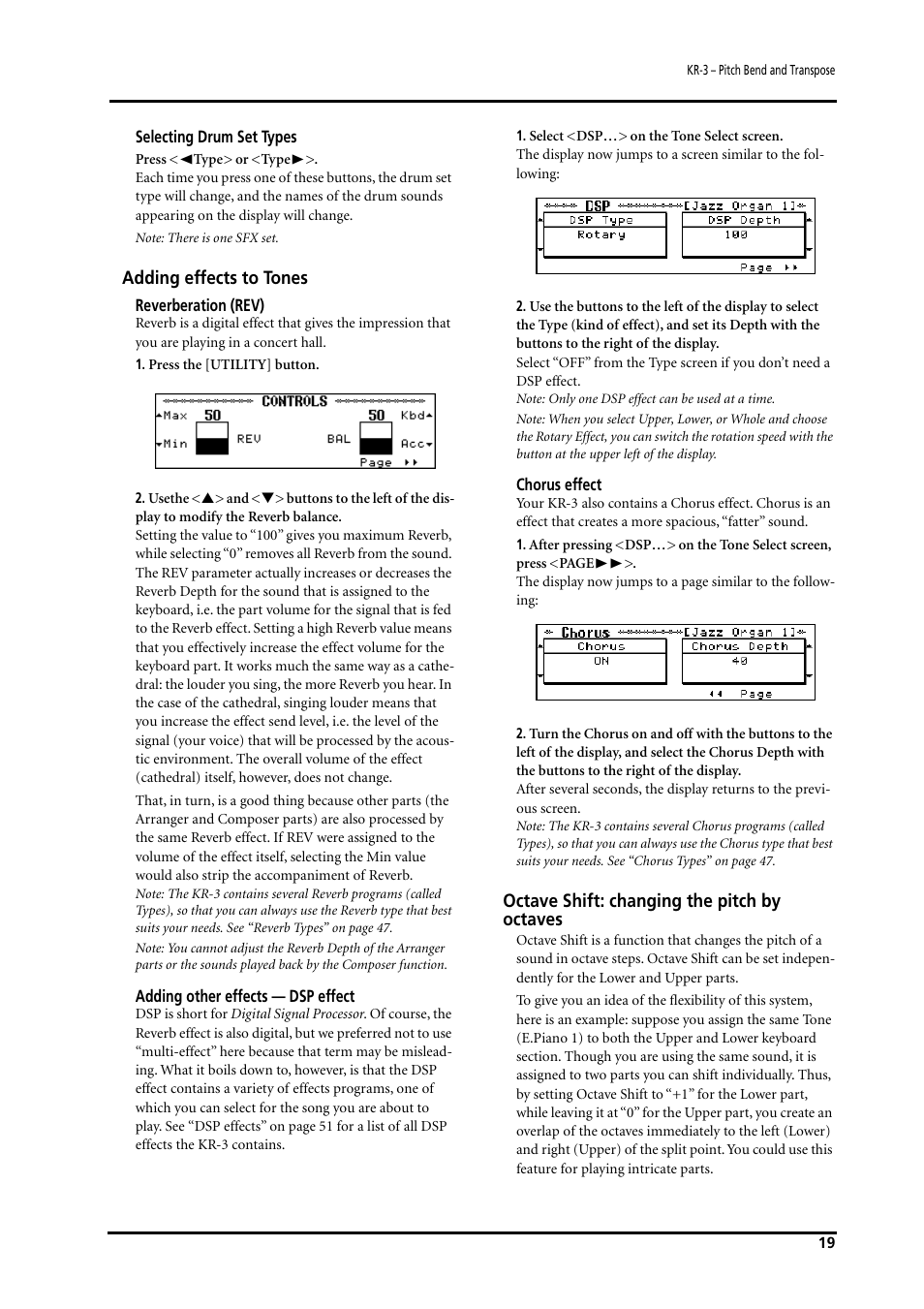 Adding effects to tones, Octave shift: changing the pitch by octaves | Roland KR-3 User Manual | Page 20 / 64