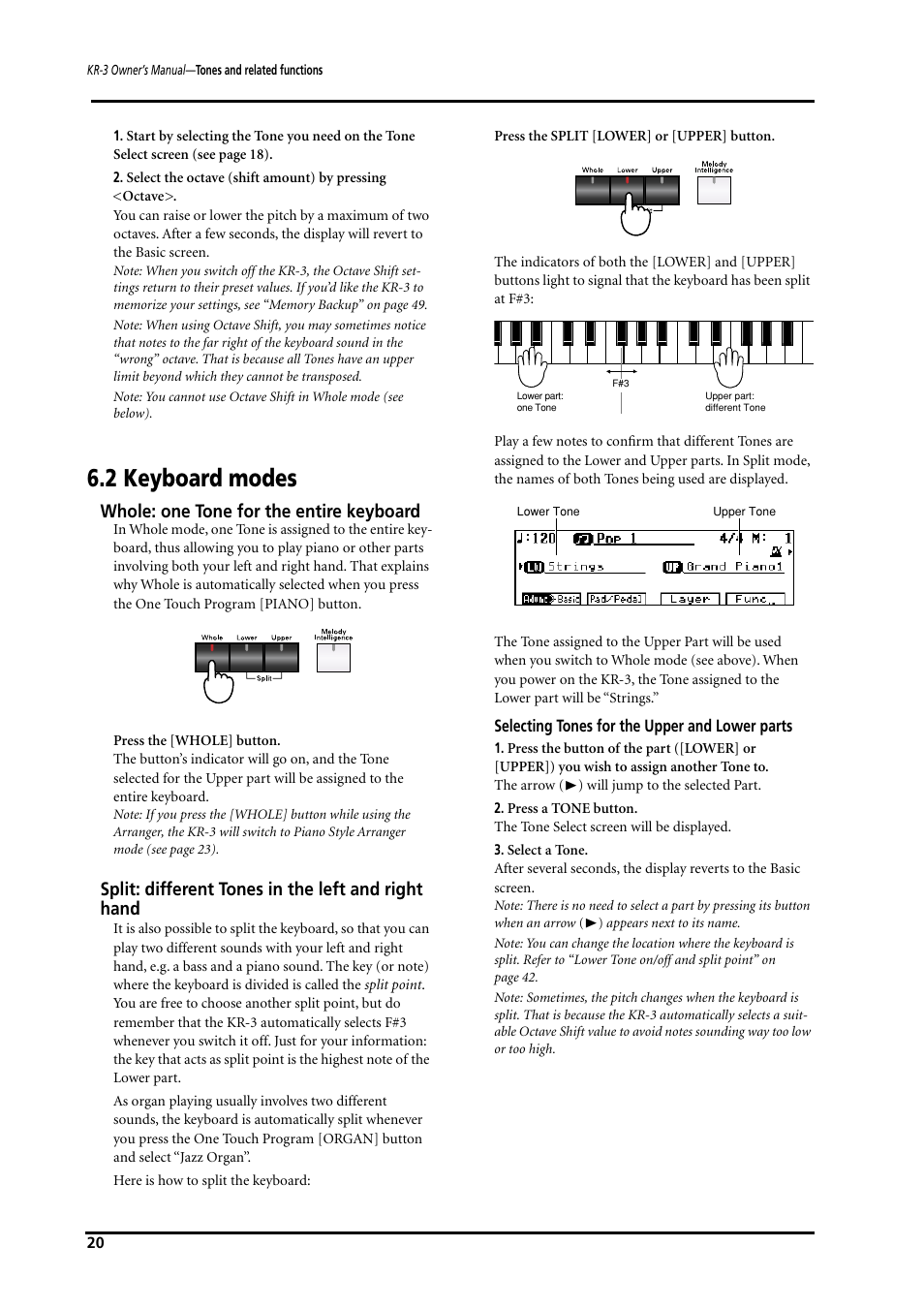 2 keyboard modes, Whole: one tone for the entire keyboard, Split: different tones in the left and right hand | Roland KR-3 User Manual | Page 21 / 64