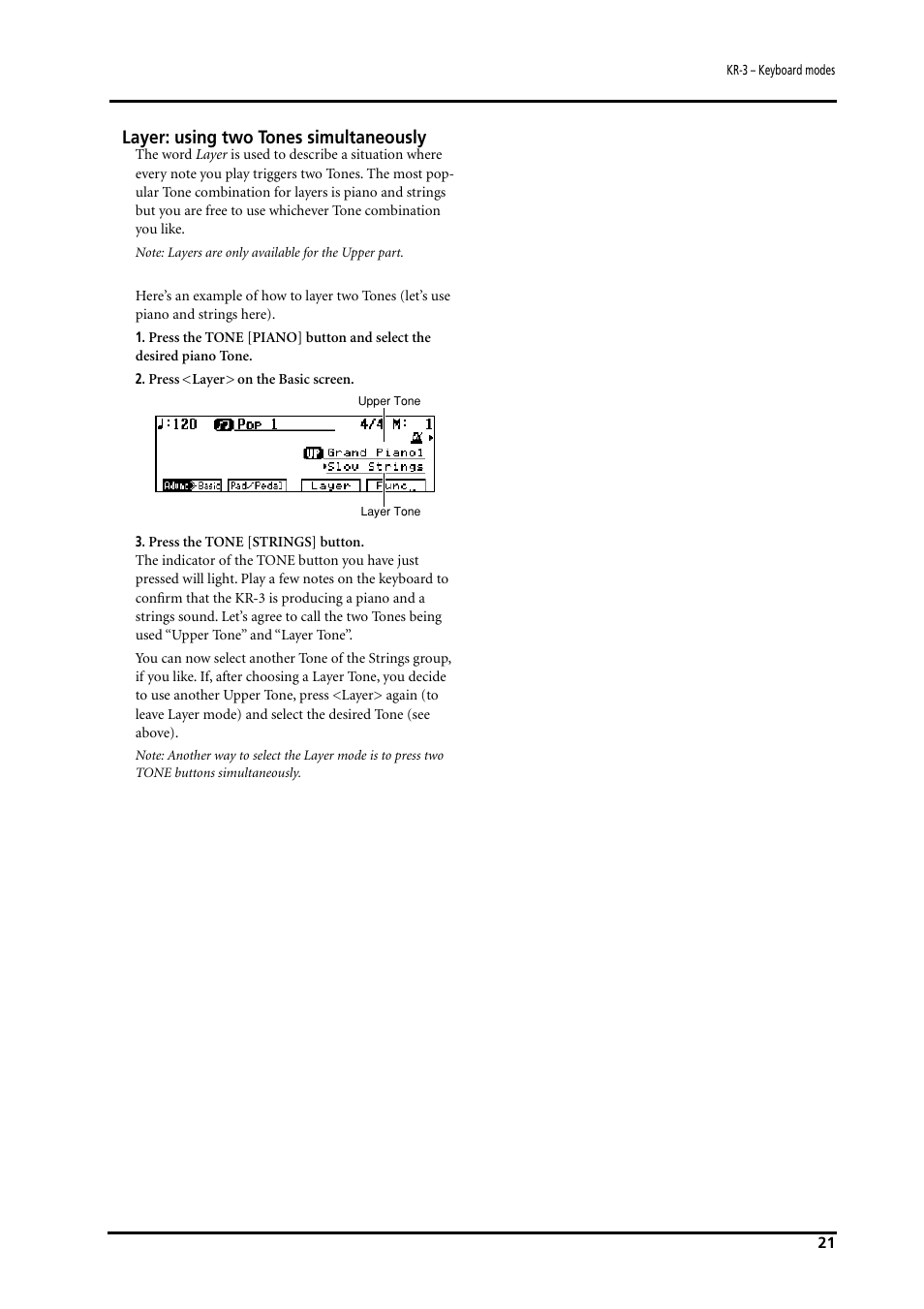 Layer: using two tones simultaneously | Roland KR-3 User Manual | Page 22 / 64