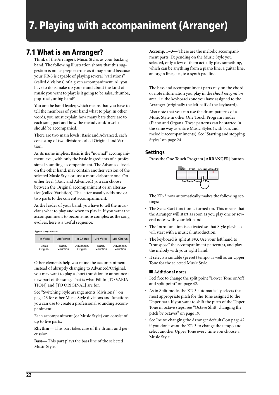 Playing with accompaniment (arranger), 1 what is an arranger, Settings | Roland KR-3 User Manual | Page 23 / 64