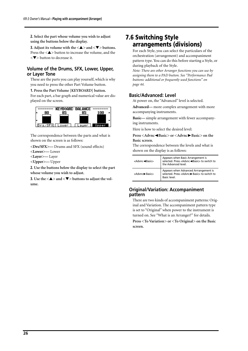 6 switching style arrangements (divisions), Basic/advanced: level, Original/variation: accompaniment pattern | Roland KR-3 User Manual | Page 27 / 64