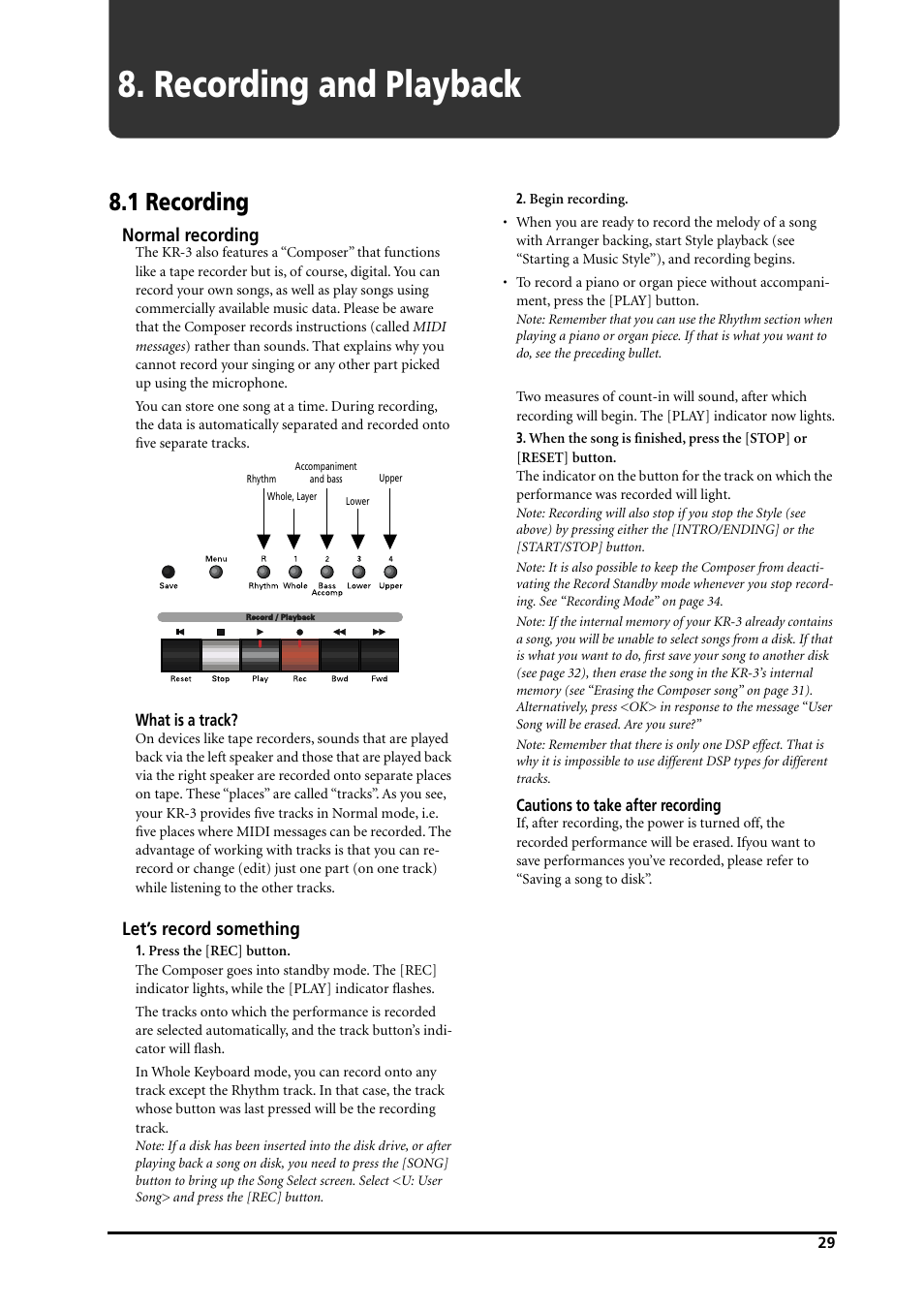 Recording and playback, 1 recording | Roland KR-3 User Manual | Page 30 / 64