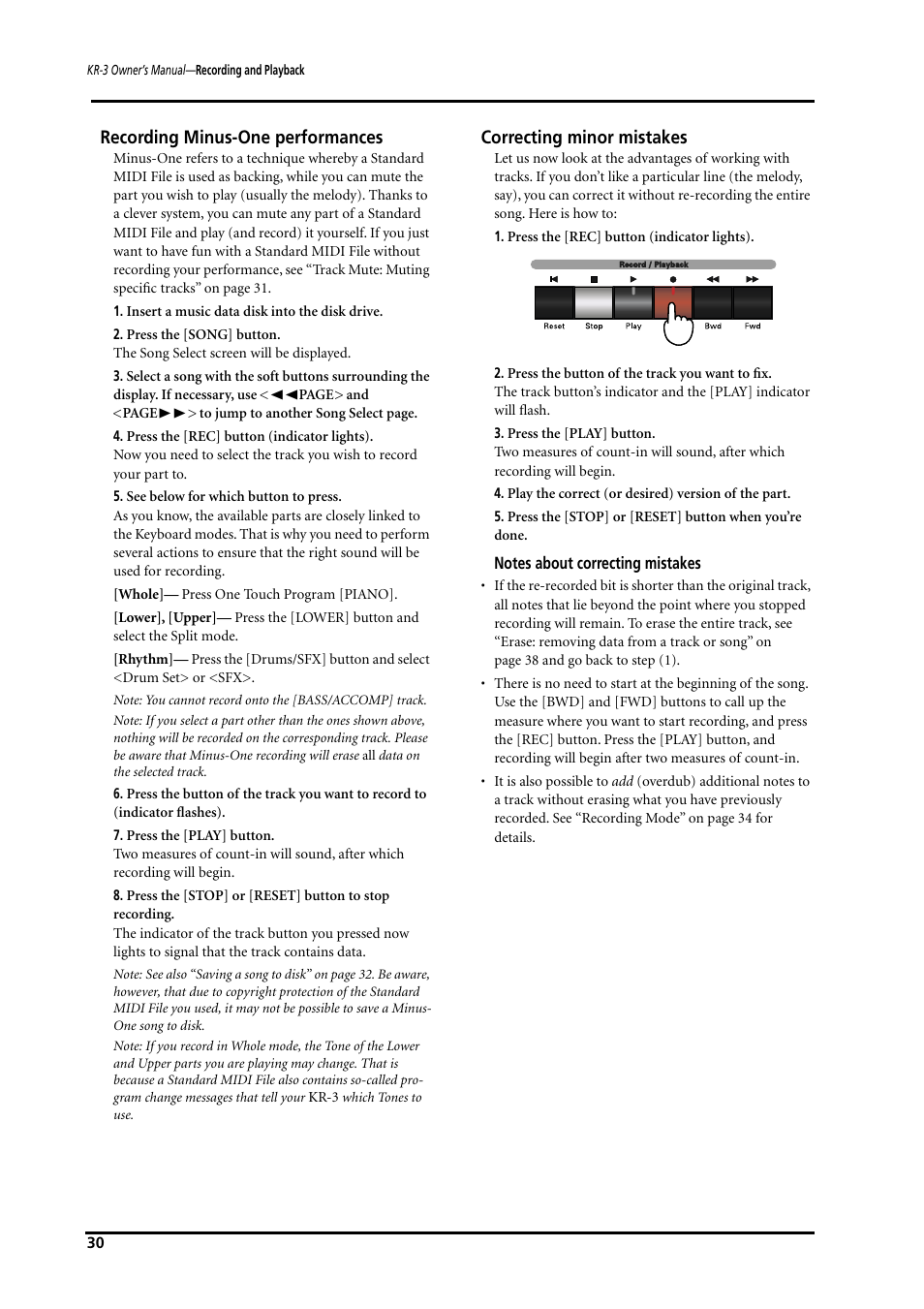 Recording minus-one performances, Correcting minor mistakes | Roland KR-3 User Manual | Page 31 / 64