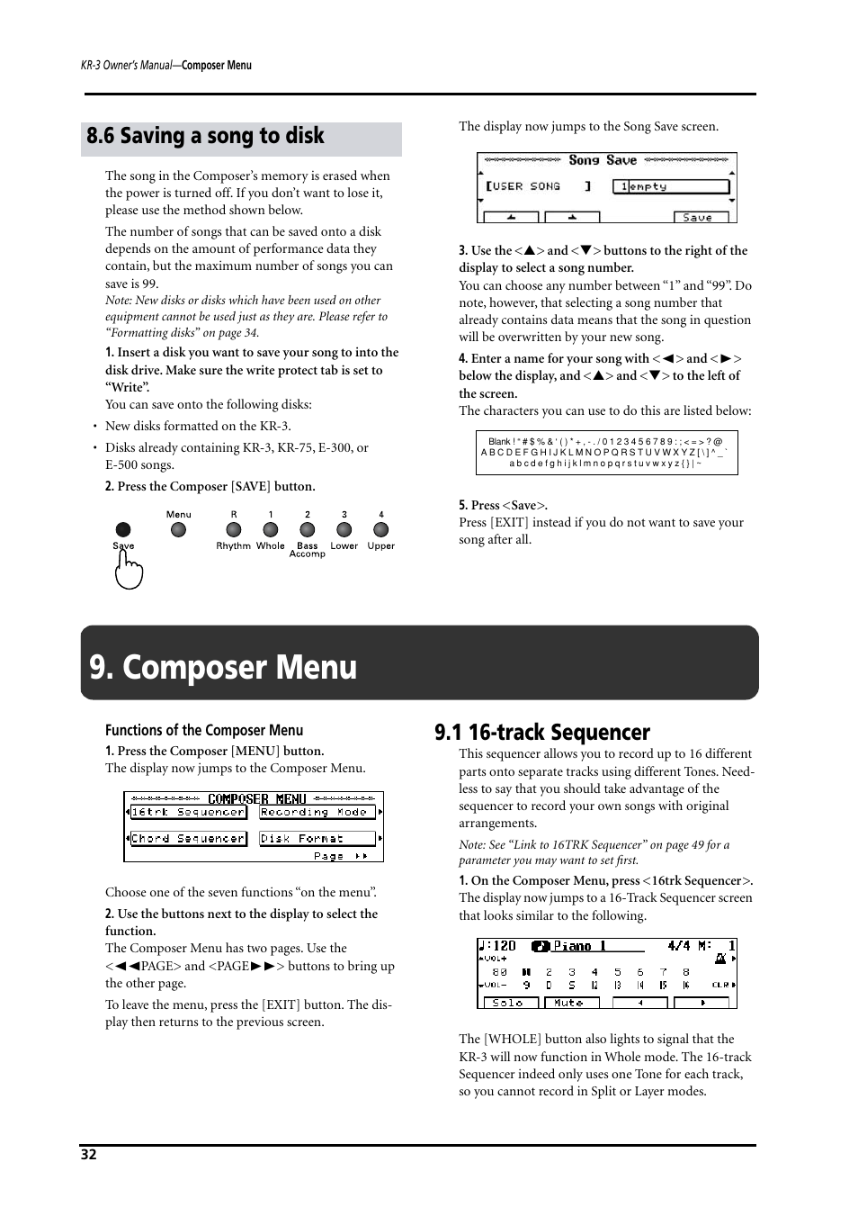 Composer menu, 1 16-track sequencer, 6 saving a song to disk | Roland KR-3 User Manual | Page 33 / 64