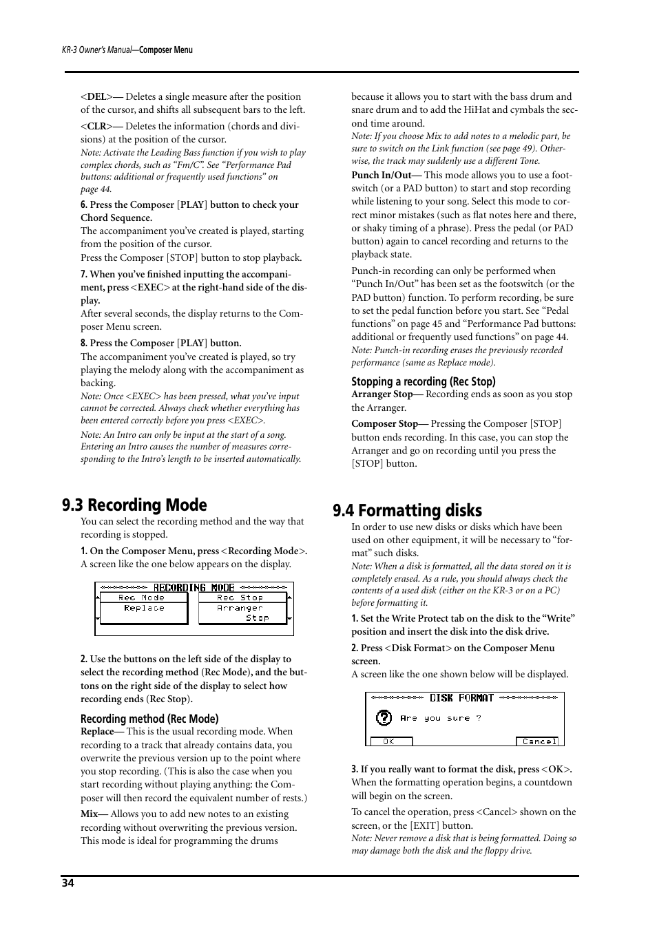 3 recording mode, 4 formatting disks | Roland KR-3 User Manual | Page 35 / 64