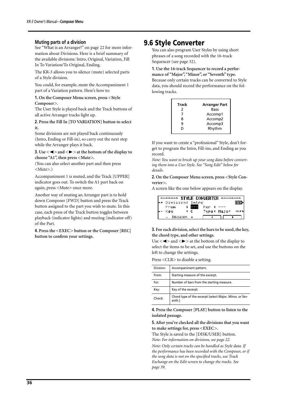 6 style converter, Muting parts of a division | Roland KR-3 User Manual | Page 37 / 64