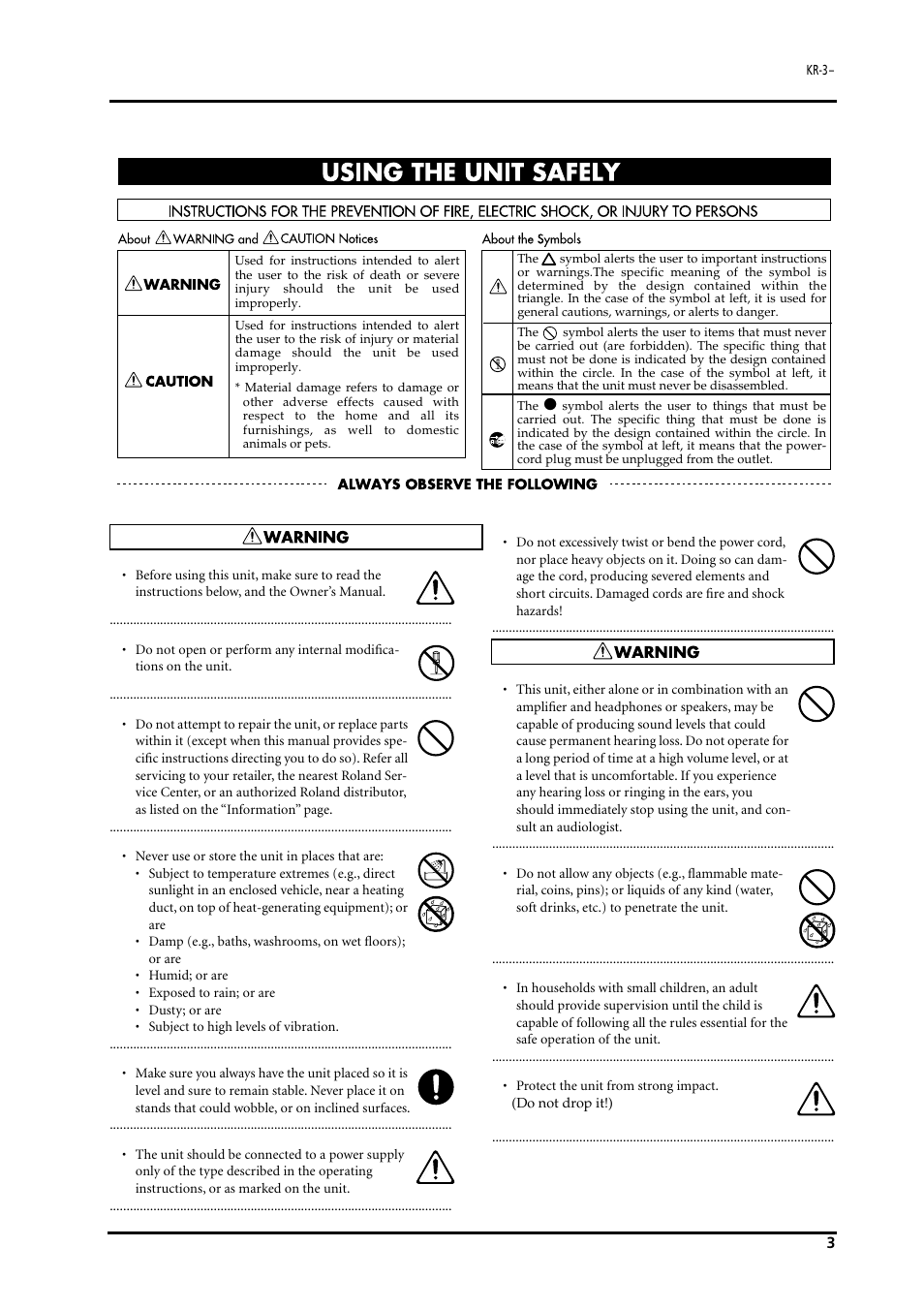 English | Roland KR-3 User Manual | Page 4 / 64
