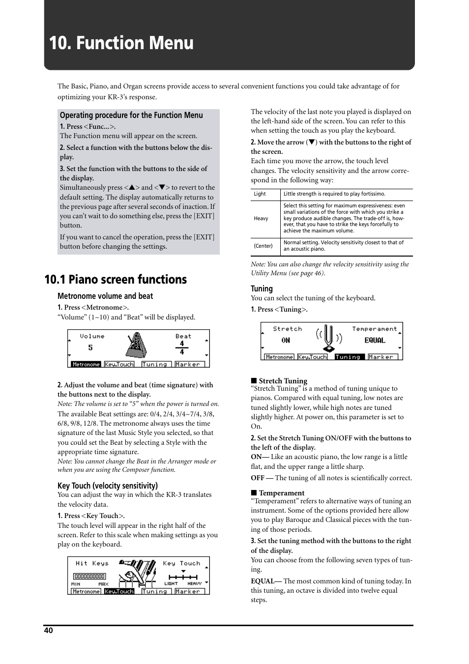 Function menu, 1 piano screen functions | Roland KR-3 User Manual | Page 41 / 64