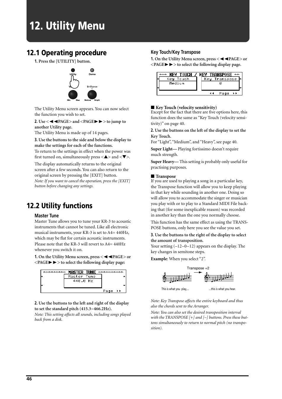 Utility menu, 1 operating procedure, 2 utility functions | Roland KR-3 User Manual | Page 47 / 64