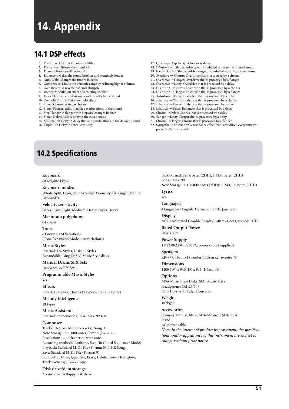 Appendix, 1 dsp effects, 2 specifications | English | Roland KR-3 User Manual | Page 52 / 64