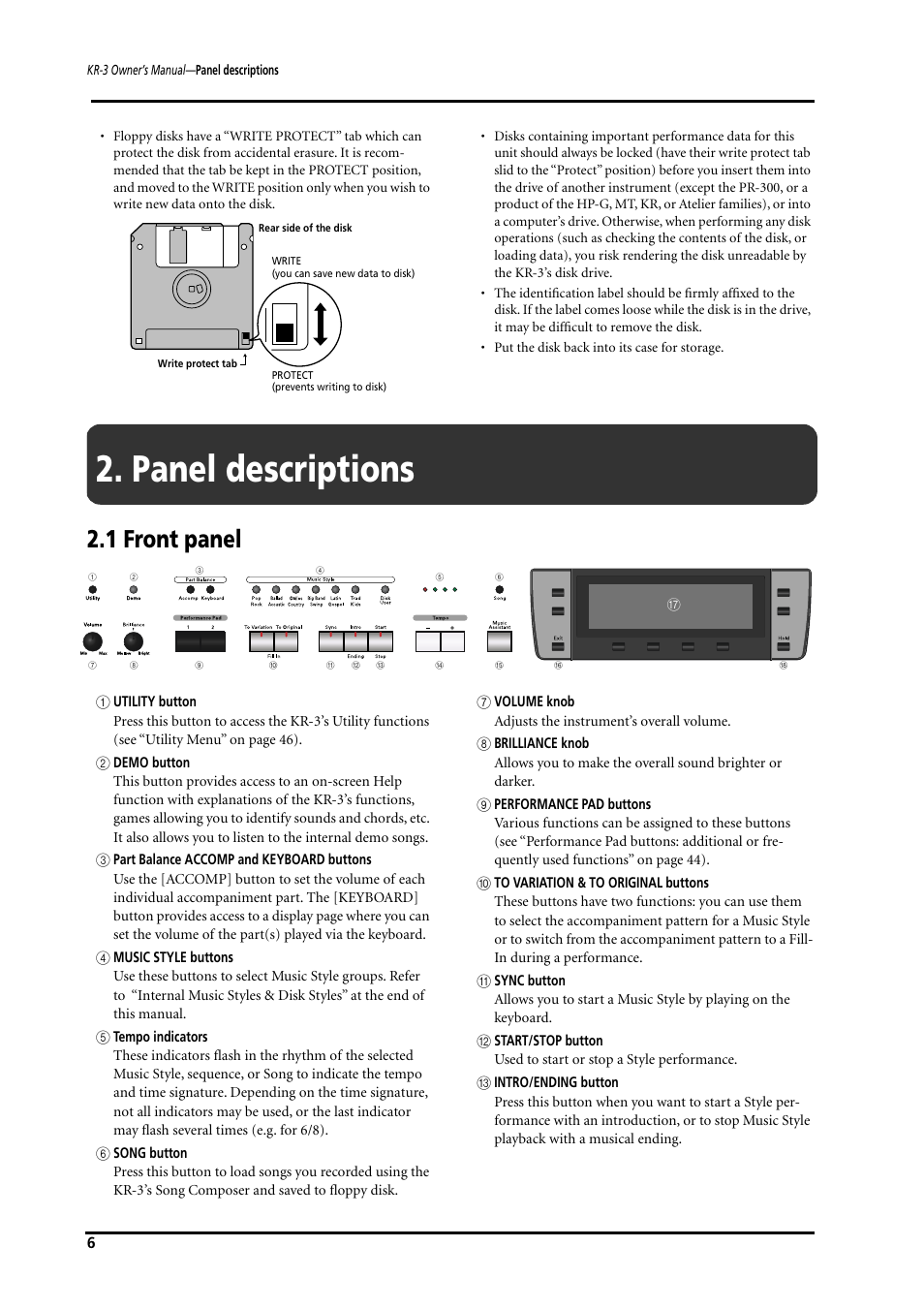 Panel descriptions, 1 front panel | Roland KR-3 User Manual | Page 7 / 64