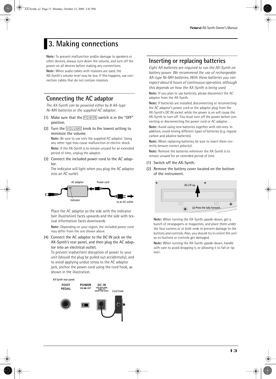 Making connections, Connecting the ac adaptor, Inserting or replacing batteries | Inserting or replacing batteries | Roland AX-Synth User Manual | Page 13 / 44