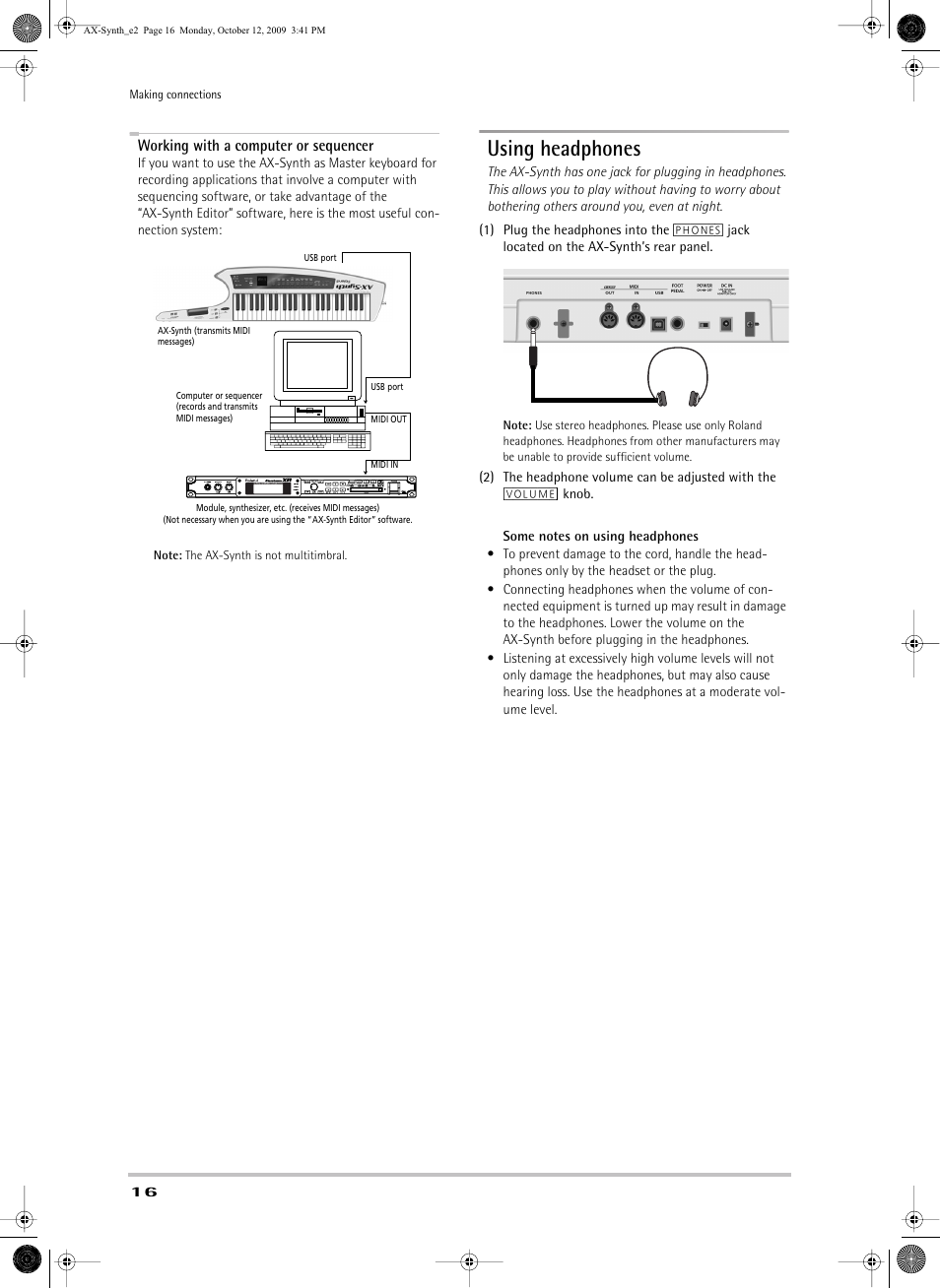 Using headphones | Roland AX-Synth User Manual | Page 16 / 44