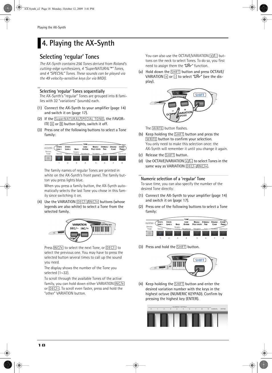 Playing the axsynth, Selecting ‘regular’ tones, Playing the ax-synth | Tions (see p. 18) | Roland AX-Synth User Manual | Page 18 / 44