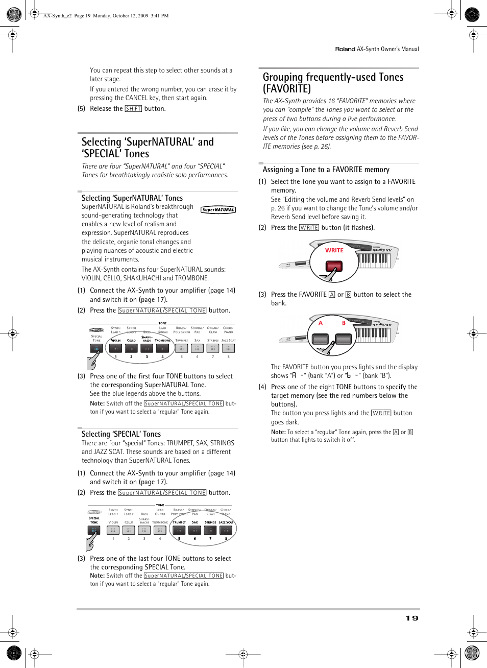 Selecting ‘supernatural’ and ‘special’ tones, Grouping frequently-used tones (favorite), Selecting ‘supernatural’ and ‘special’ tones | Roland AX-Synth User Manual | Page 19 / 44