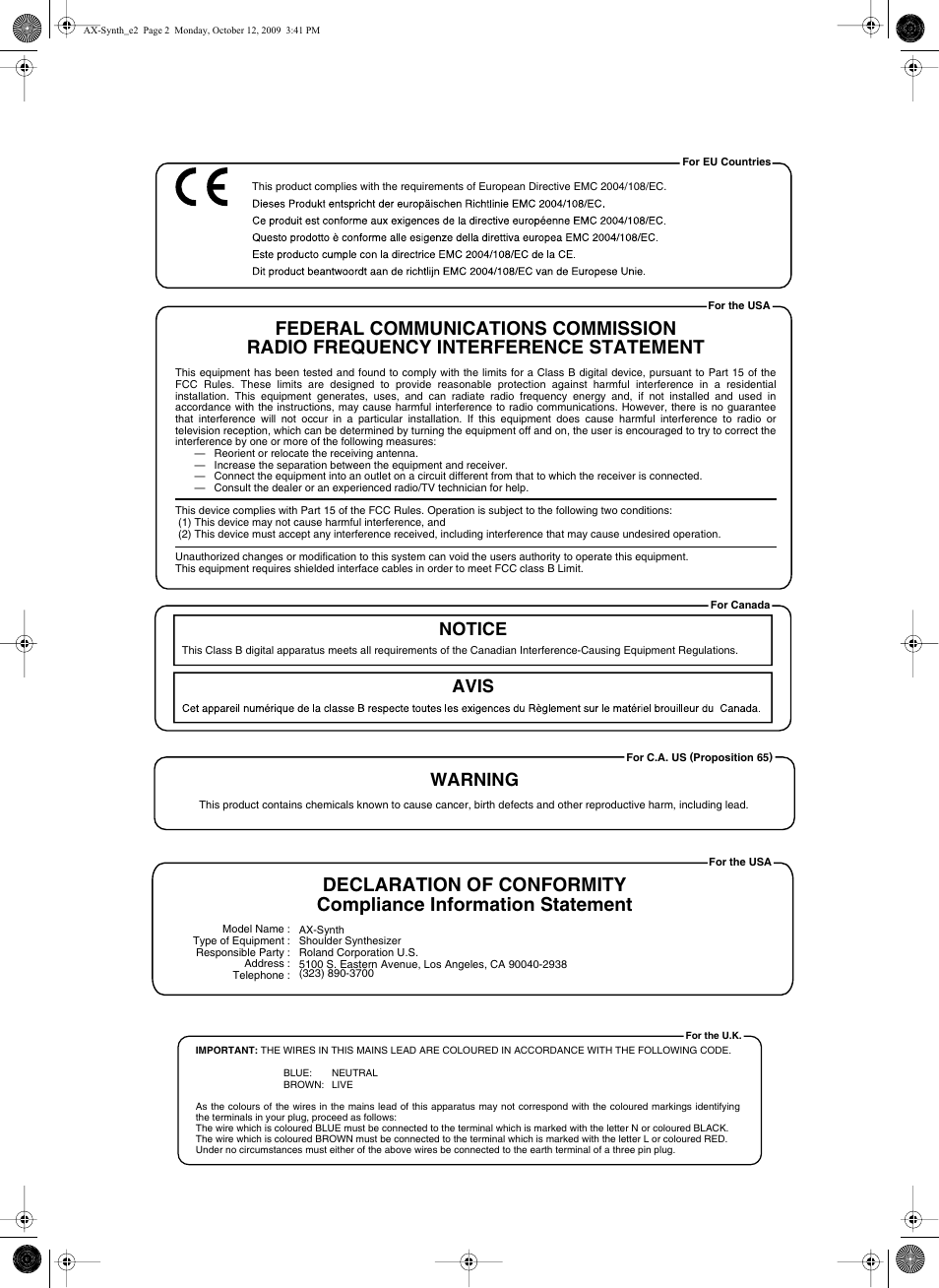 Notice avis, Warning | Roland AX-Synth User Manual | Page 2 / 44