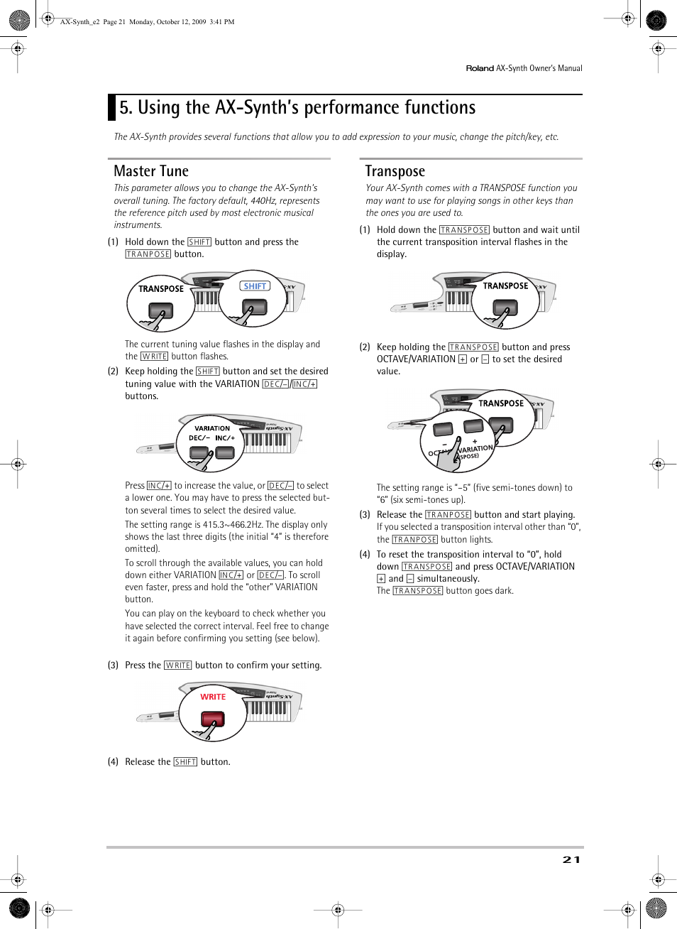 Using the axsynth’s performance functions, Master tune, Transpose | Using the ax-synth’s performance functions, Master tune transpose | Roland AX-Synth User Manual | Page 21 / 44