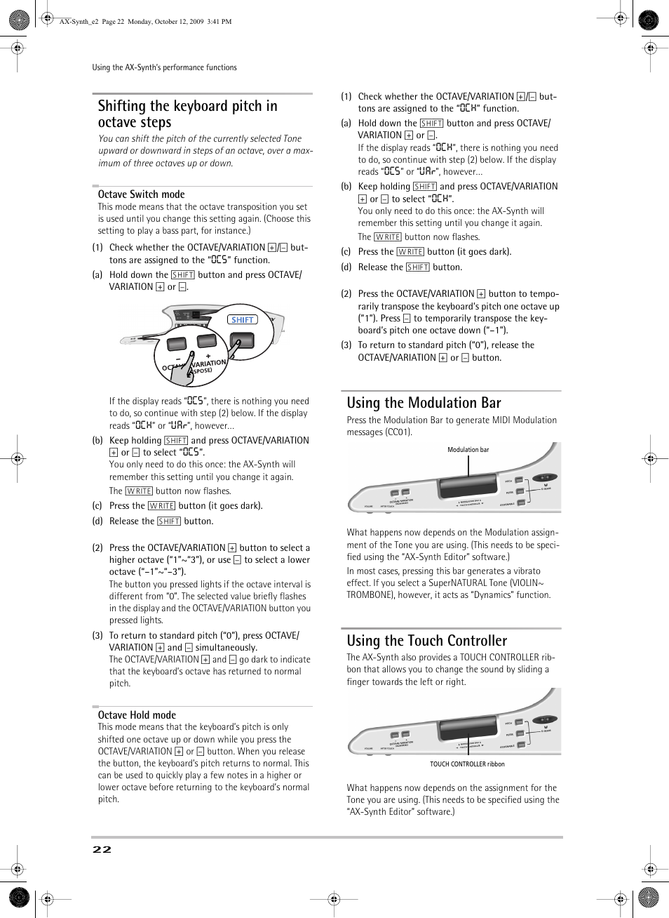 Shifting the keyboard pitch in octave steps, Using the modulation bar, Using the touch controller | Keyboard in steps of one octave (see p. 22) | Roland AX-Synth User Manual | Page 22 / 44