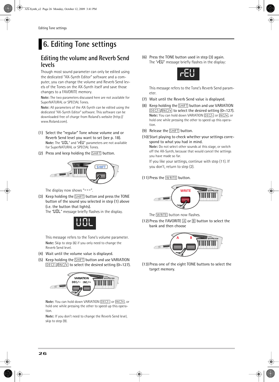 Editing tone settings, Editing the volume and reverb send levels, Ite memories (see p. 26) | Uol reu | Roland AX-Synth User Manual | Page 26 / 44