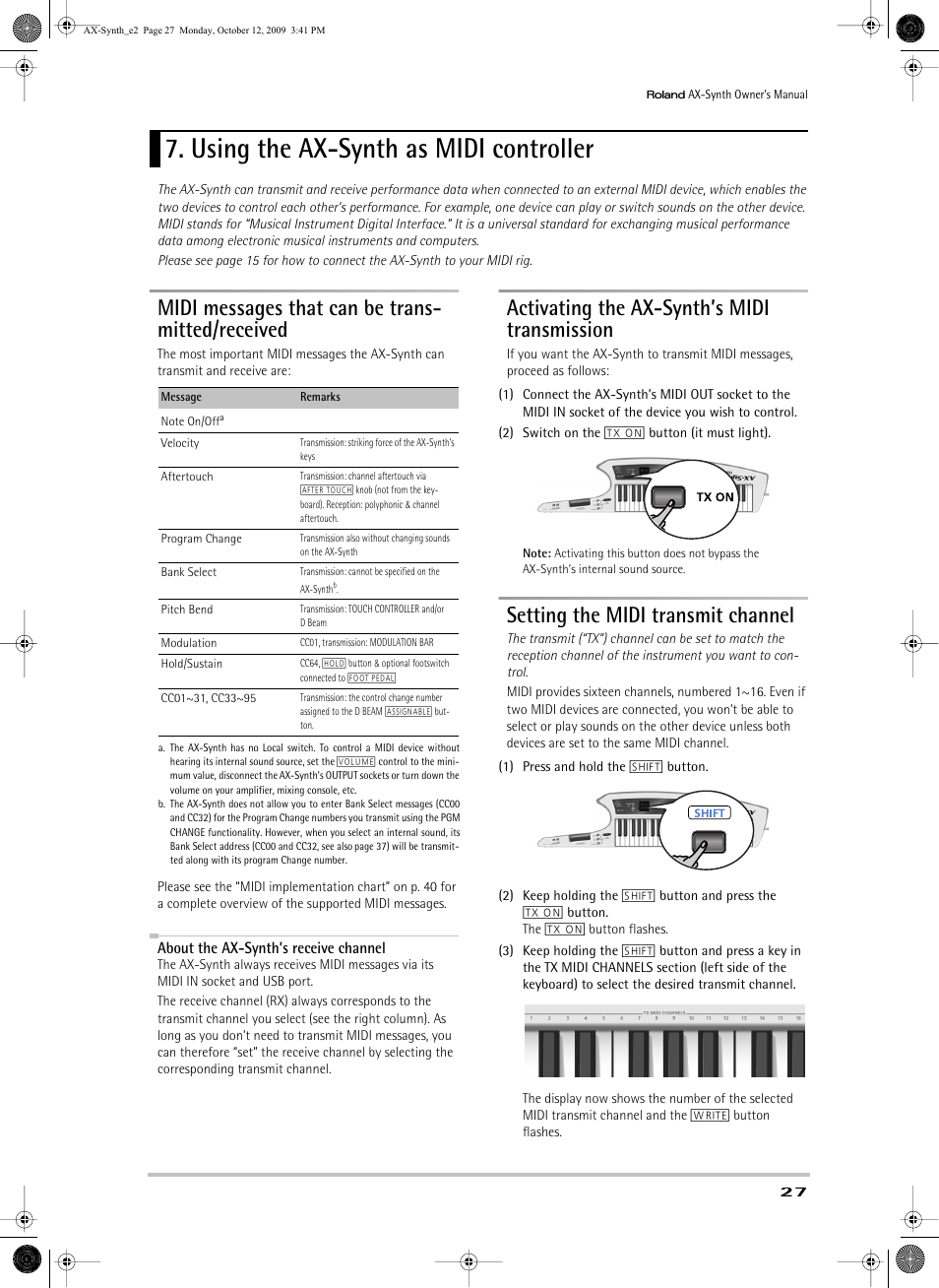 Using the axsynth as midi controller, Midi messages that can be transmitted/received, Activating the axsynth’s midi transmission | Setting the midi transmit channel, Using the ax-synth as midi controller, Midi messages that can be trans- mitted/received, Activating the ax-synth’s midi transmission | Roland AX-Synth User Manual | Page 27 / 44